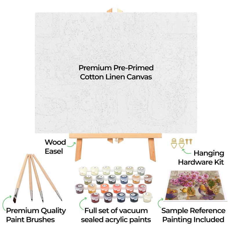 Ledgebay DIY Paint by Numbers Kit for Adults Framed Canvas Beginner to Advanced Paint by Numbers Kit, Kits Include Acrylic Paint set, Brushes & Tabletop Easel (Cosmos from The Garden 12" x 16" Framed) - Image 2